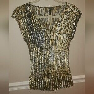 Milano Black & Gold Pleated Short Sleeveless Shirt Fabulous Print Ladies Small